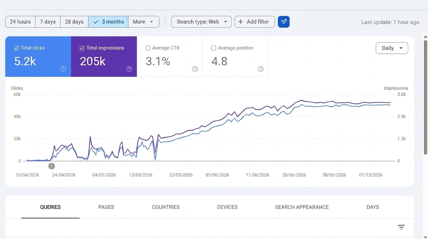 Google Search Console report showing 5.2k clicks and 205k impressions over three months