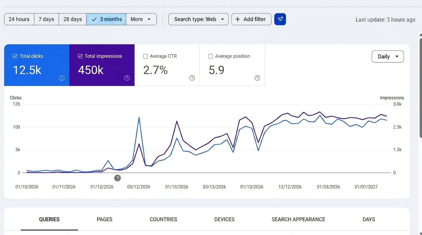 Google Search Console report showing 12.5k clicks and 450k impressions over three months